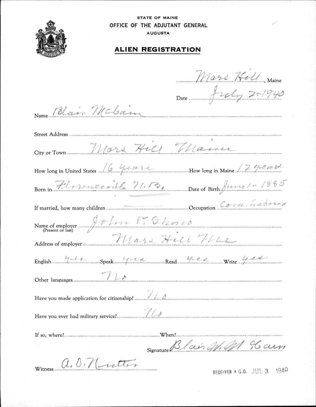Miniature of Alien Registration- Mclain, Blair (Mars Hill, Aroostook County)
