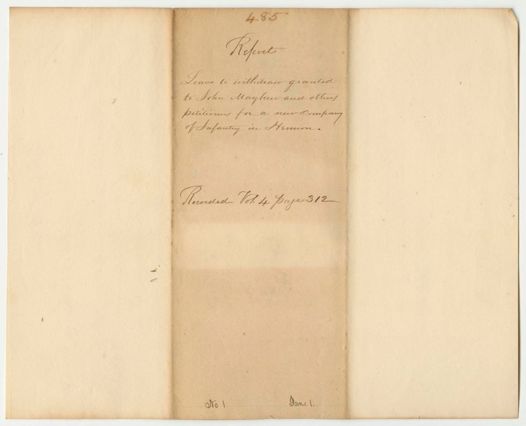Miniature of Report 485: Report Giving Leave to Withdraw the Petition of John Mayhew and Others for a New Infantry Company in Hermon