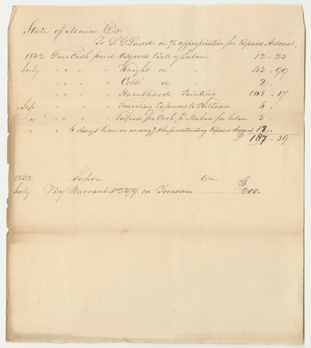 Miniature of Account of Samuel G. Ladd, Adjutant General, Appropriation for Repairs of Artillery
