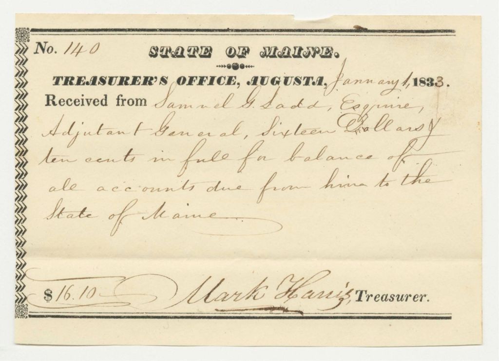 Miniature of Treasurer's Office Receipt from Samuel G. Ladd, Adjutant General, for Balance of All Accounts Due From Him to the State of Maine