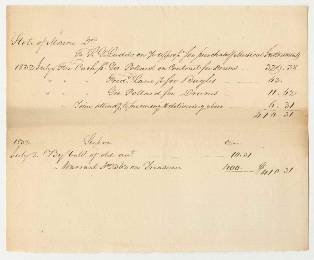 Miniature of Account of Samuel G. Ladd, Adjutant General, Appropriation for Purchase of Musical Instruments