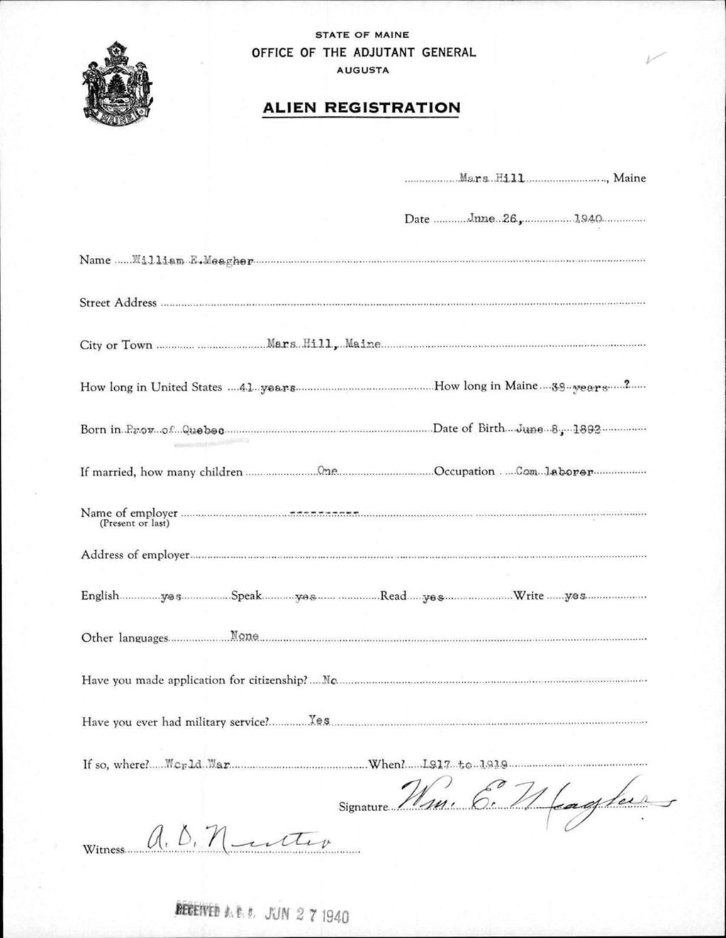 Miniature of Alien Registration- Meagher, William E. (Mars Hill, Aroostook County)