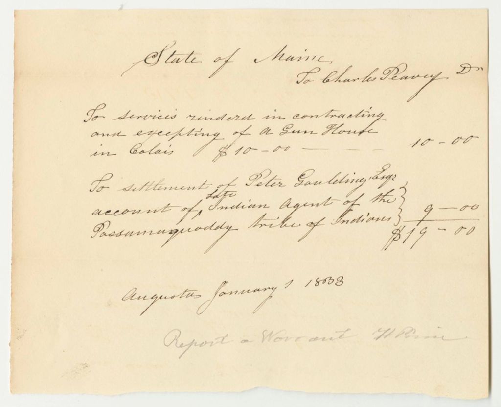 Miniature of Account of Charles Peavey, for Contracting the Gunhouse in Calais and Settling the Account of Peter Goulding, Passamaquoddy Indian Agent