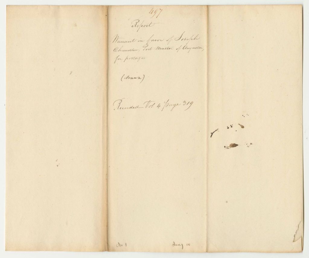 Miniature of Report 497: Warrant in Favor of Joseph Chandler, Postmaster of Augusta for Postage