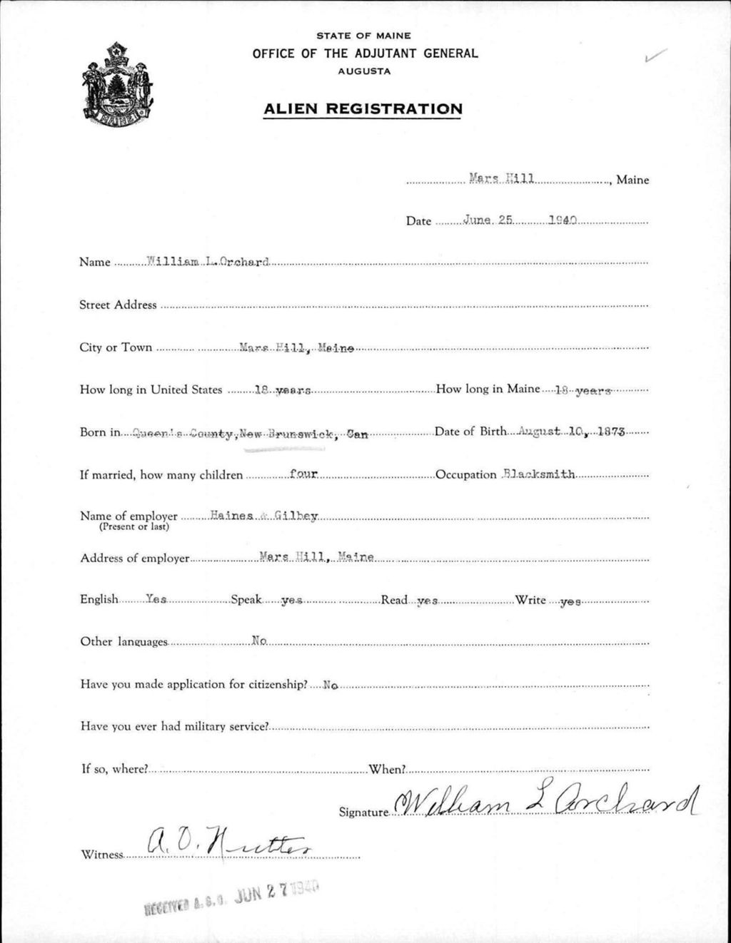 Miniature of Alien Registration- Orchard, William L. (Mars Hill, Aroostook County)