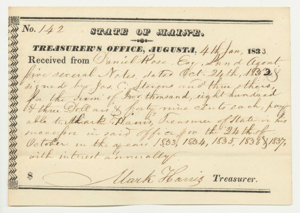 Miniature of Treasurer's Office Receipts from Daniel Rose, Land Agent, for Payments to Mark Harris, Treasurer of State
