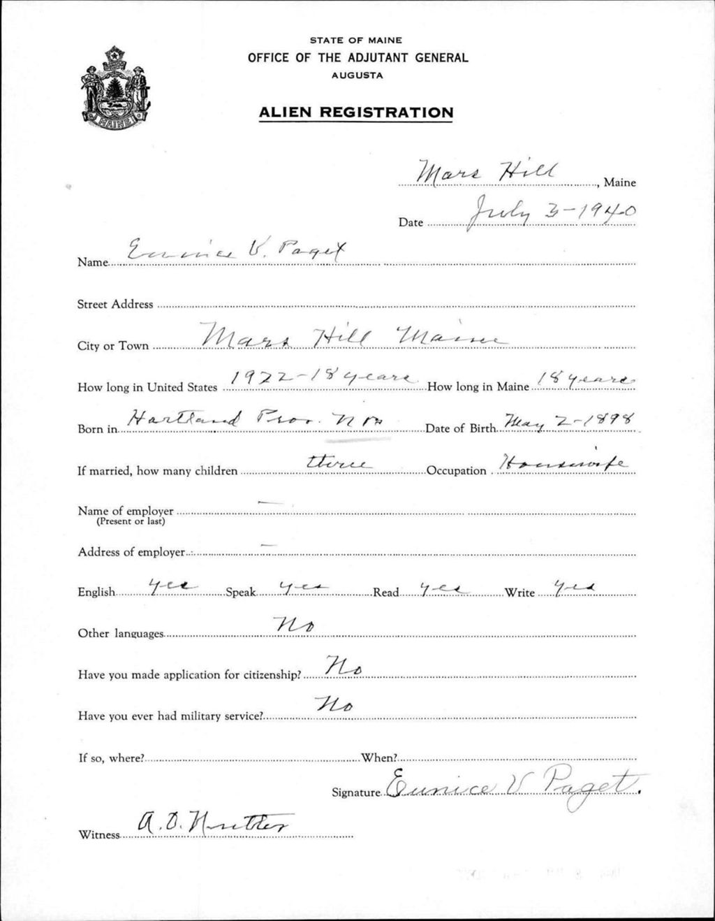 Miniature of Alien Registration- Paget, Eunice V. (Mars Hill, Aroostook County)