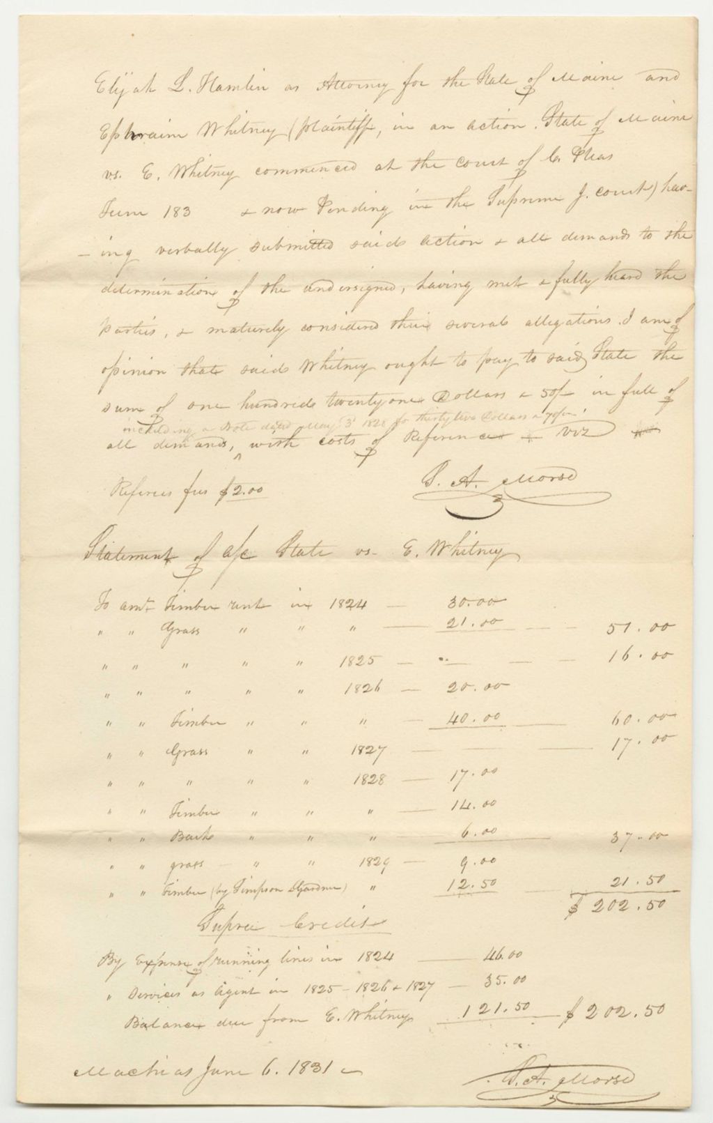 Miniature of Statement of the Account in State v. Ephraim Whitney