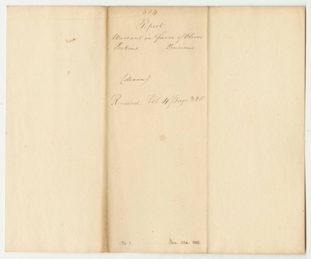 Miniature of Report 504: Warrant in Favor of Oliver Perkins for a Pension