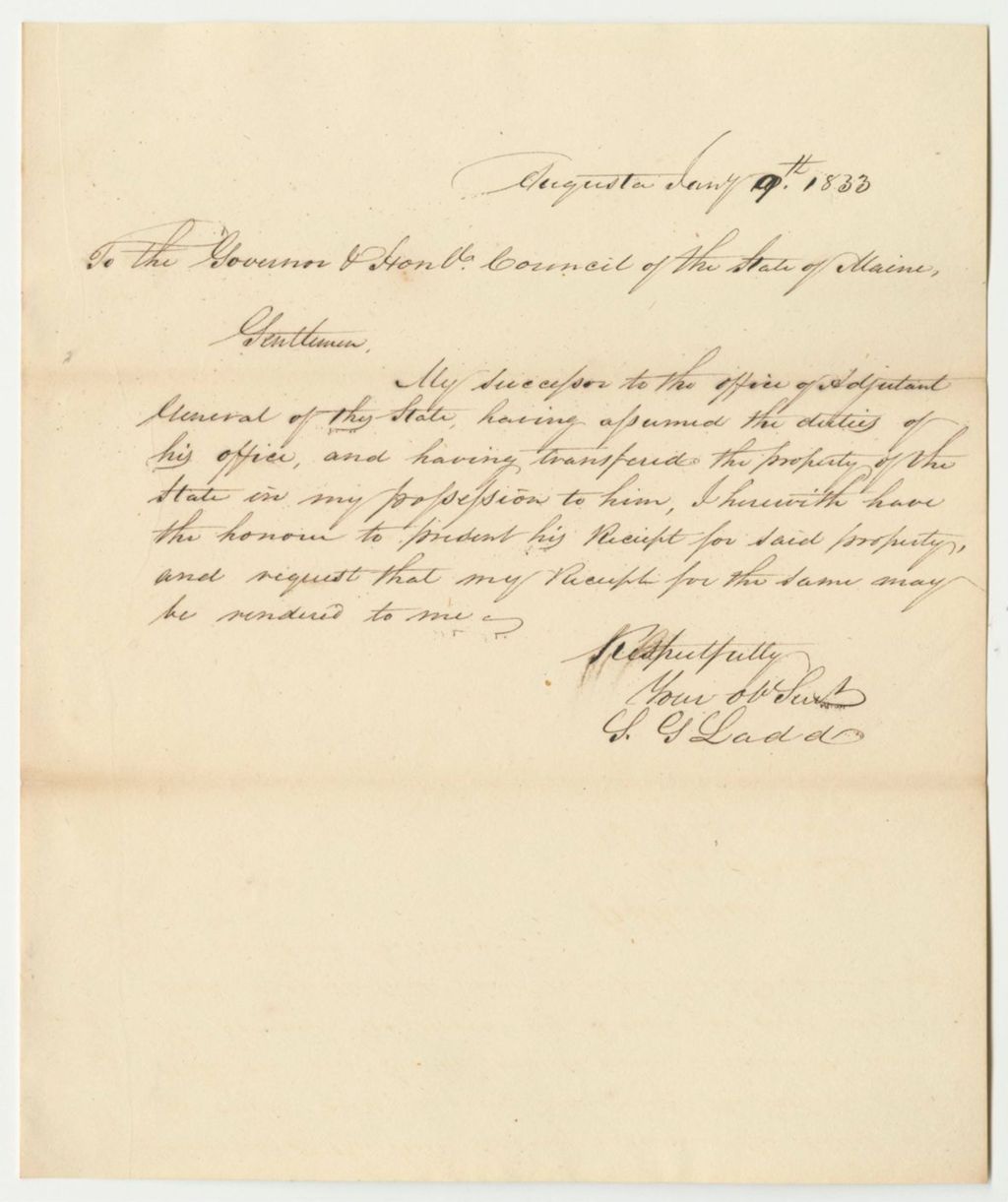 Miniature of Communication from S.G. Ladd, Enclosing His Successor, Joseph Sewall's Receipt of the Property of the State
