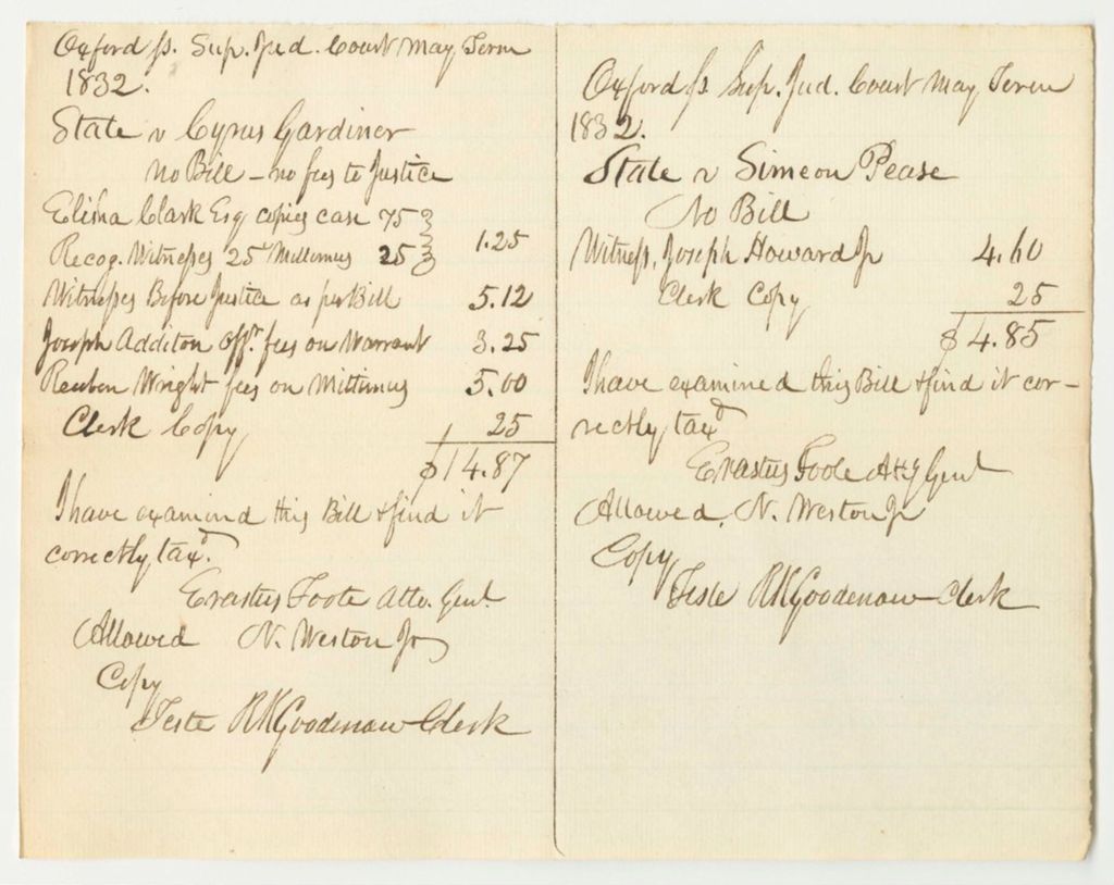 Miniature of Bill of Costs at the Supreme Judicial Court in Oxford County, May Term 1832