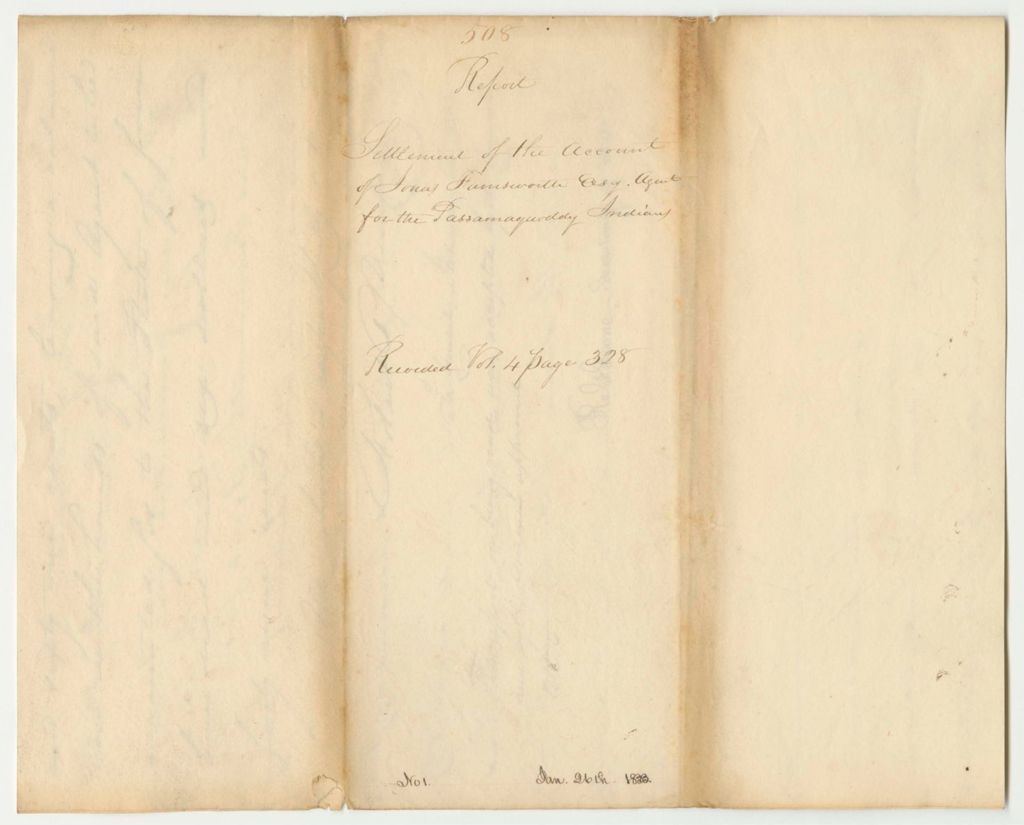 Miniature of Report 508: Report on the Settlement of the Account of Jonas Farnsworth, Esq., Agent of the Passamaquoddy Indians