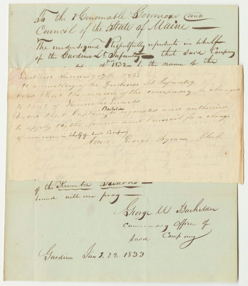 Miniature of Petition of George W. Bachelder to Change the Name of the Gardiner Light Infantry to the Kennebec Guards