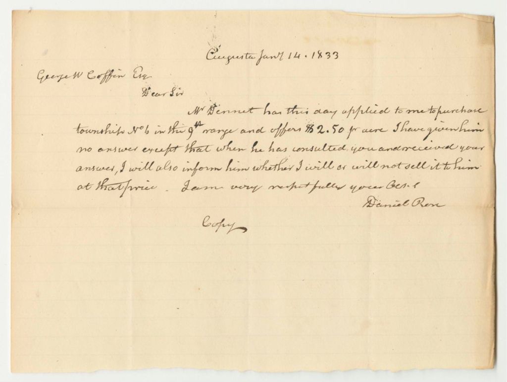 Miniature of Communication from Daniel Rose, Regarding Joshua Dennett's Application to Purchase Township No. 6