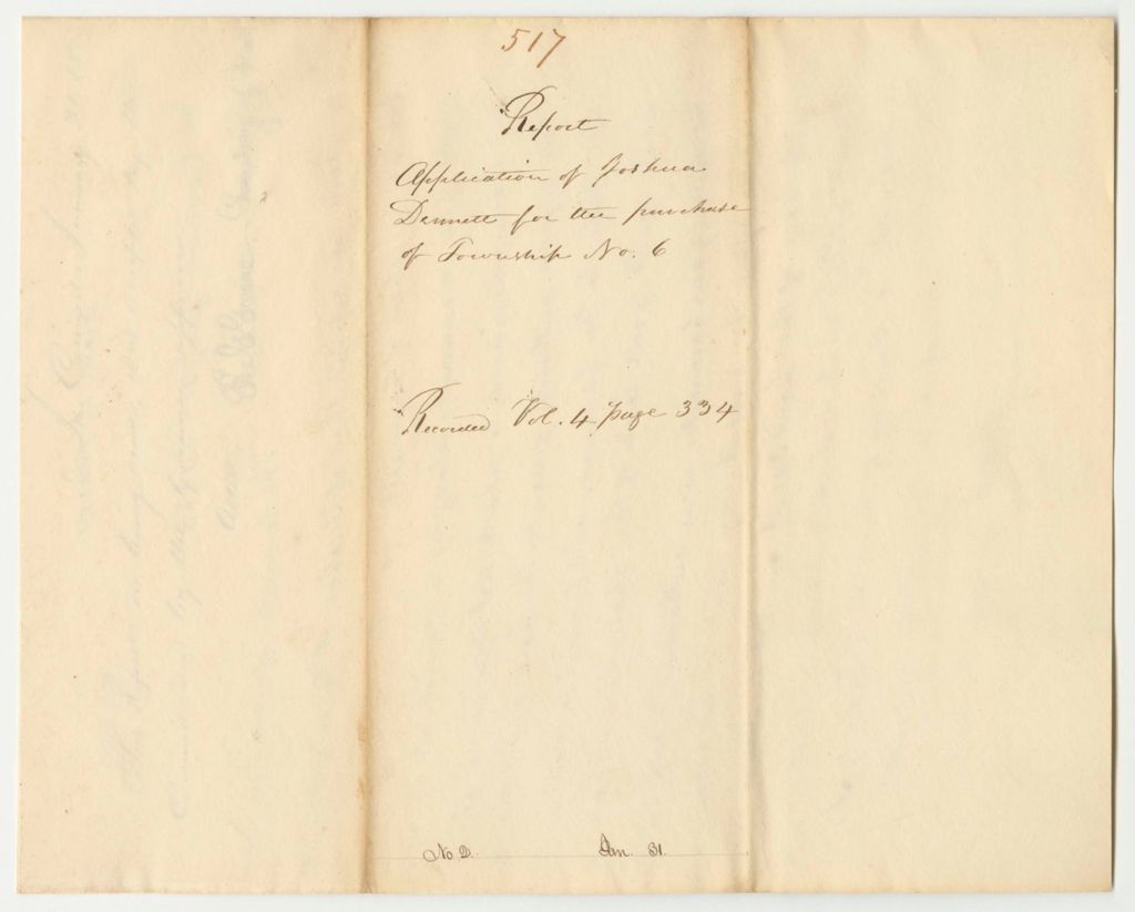 Miniature of Report 517: Report on the Application of Joshua Dennett for the Purchase of Township 6 Range 9