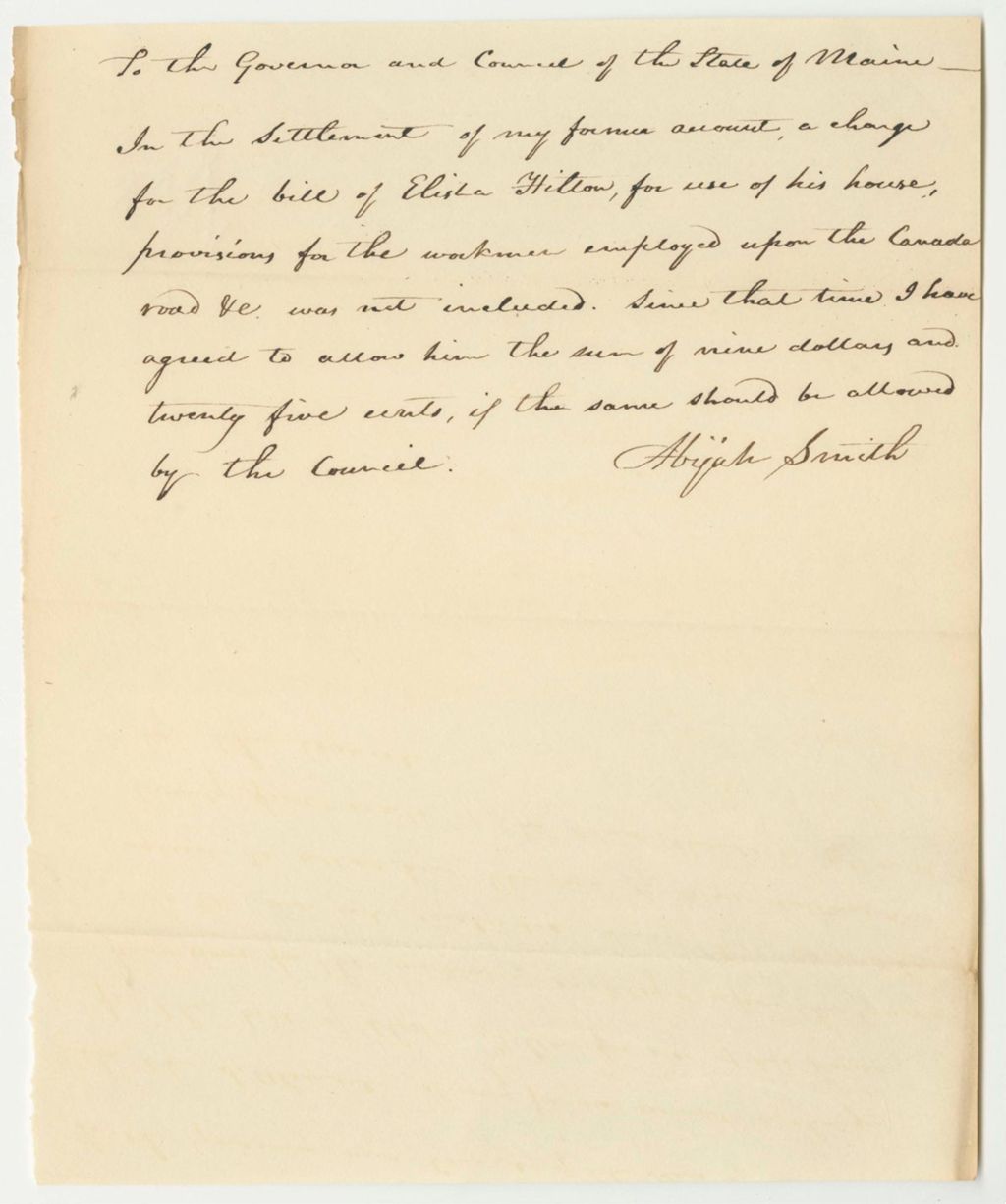 Miniature of Abijah Smith's Request for a Warrant to Pay Elisha Hilton for Provisions for the Workmen Employed Along the Canada Road