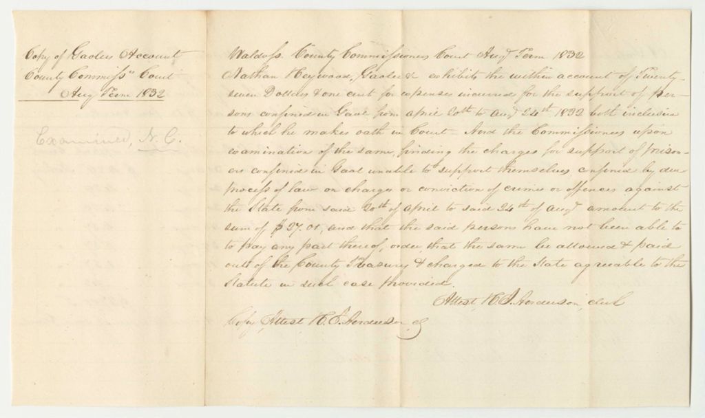 Miniature of Account of Nathan Heywood, Under Keeper of the Gaol in Belfast in the County of Waldo, for the Support of Persons Therein Confined on Charges or Conviction of Crimes and Offences Against the State from April 20th to August 24th 1832