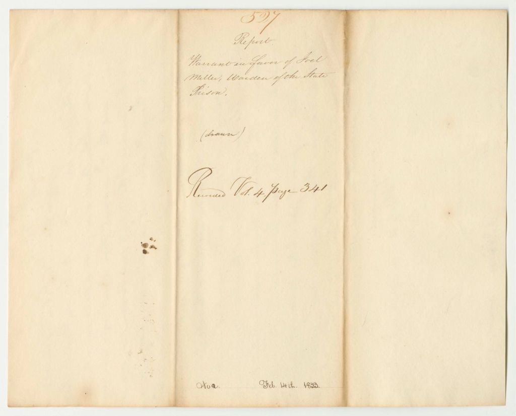 Miniature of Report 527: Warrant in Favor of Joel Miller, Warden of the State Prison