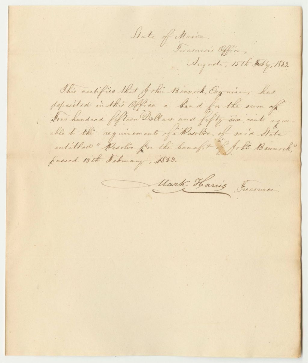 Miniature of Certificate of the Receipt of John Bennock's Bond in the Treasurer's Office