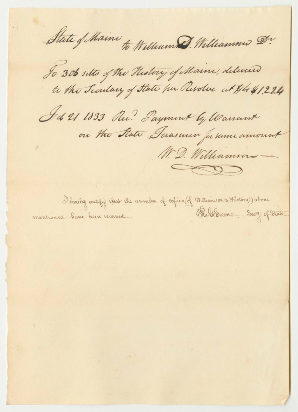 Miniature of William D. Williamson's Bill for 306 Copies of His History
