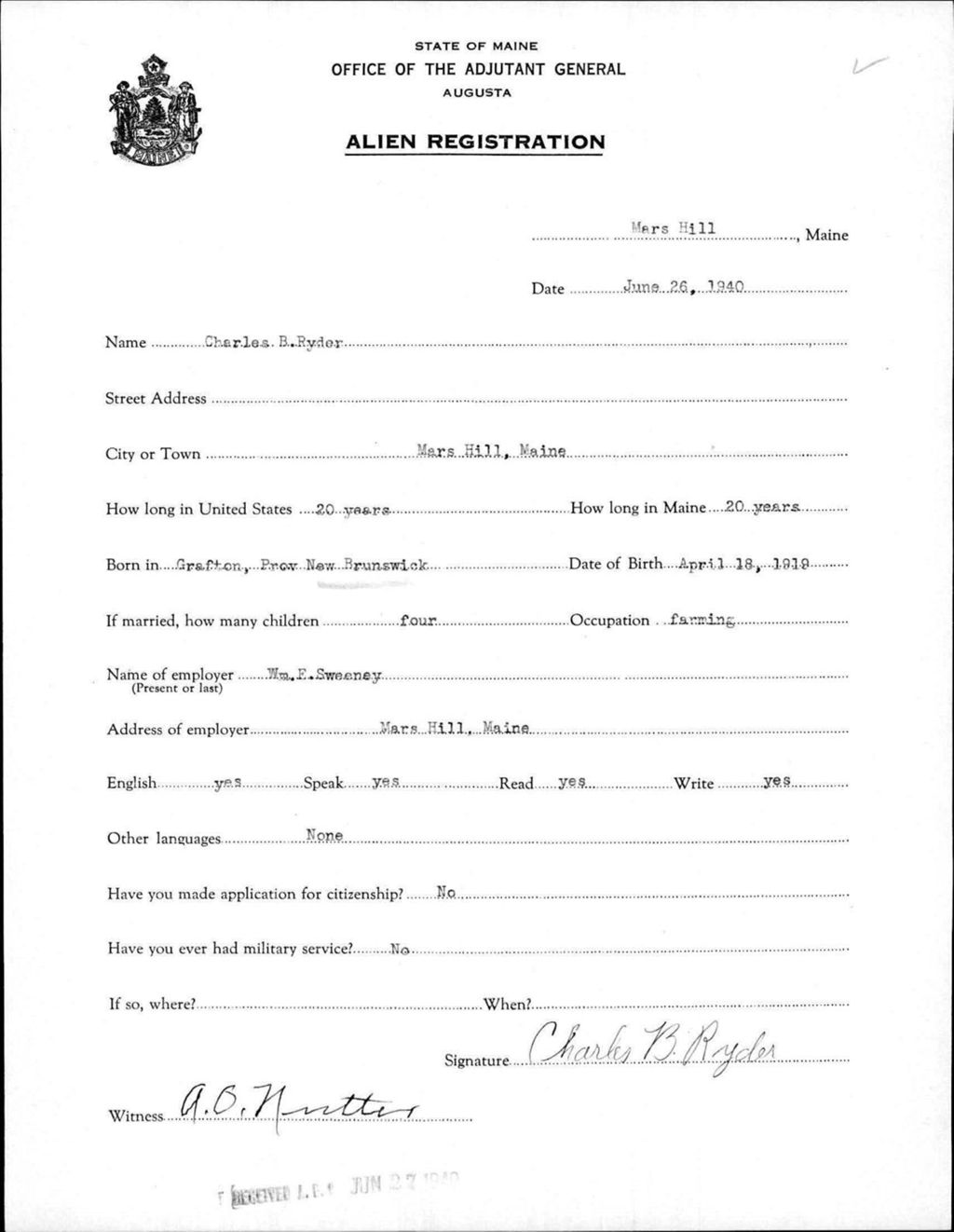 Miniature of Alien Registration- Ryder, Charles B. (Mars Hill, Aroostook County)