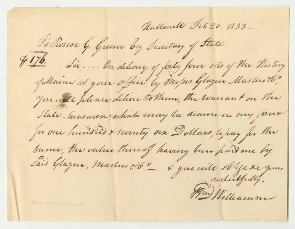 Miniature of William D. Williamson's Request for a Warrant in His Favor, for 44 Copies of His History