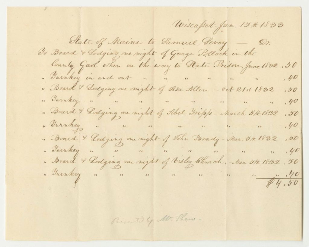 Miniature of Accounts of Samuel Seavey Prison Keeper for Lincoln County