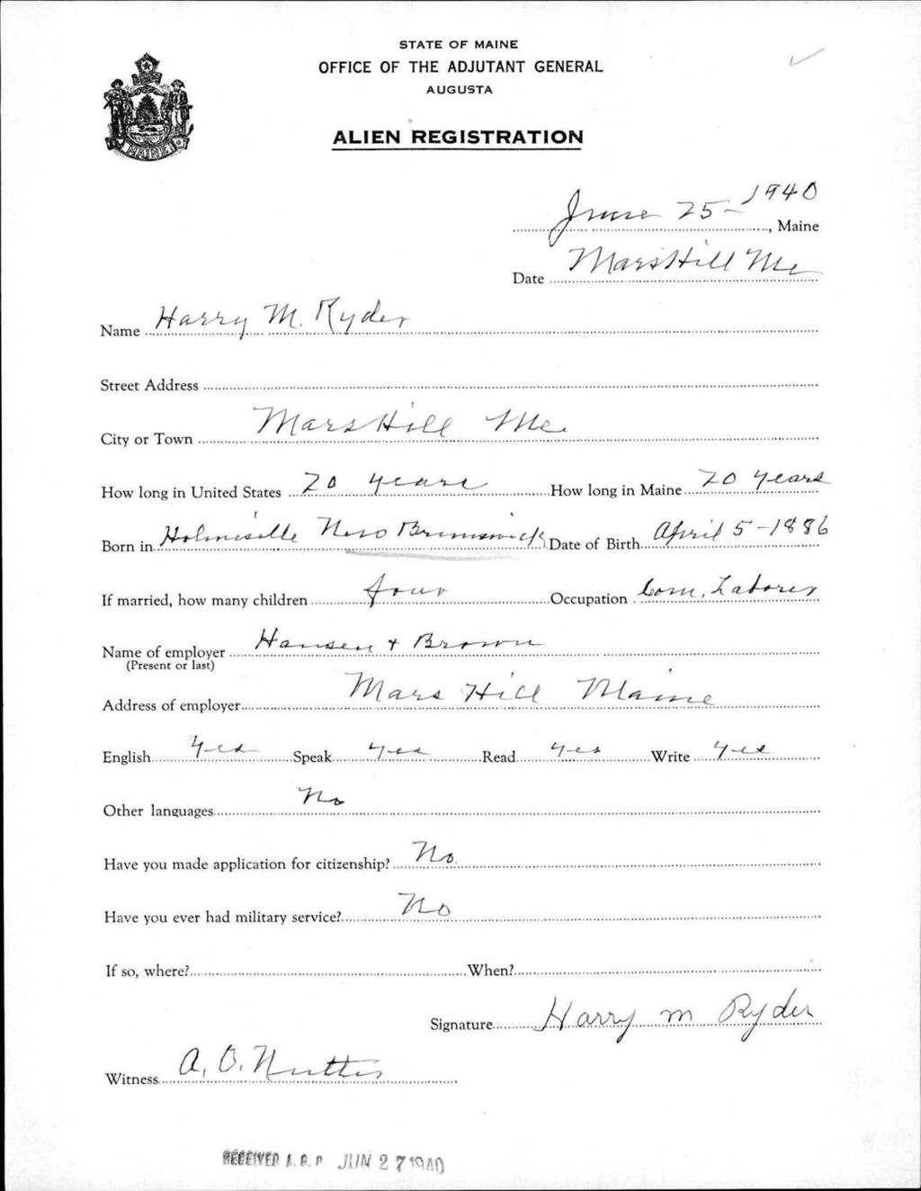 Miniature of Alien Registration- Ryder, Harry M. (Mars Hill, Aroostook County)