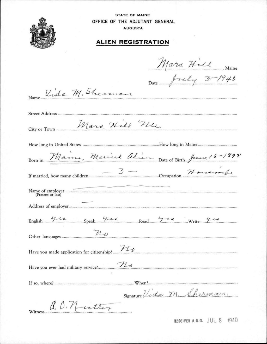 Miniature of Alien Registration- Sherman, Vida M. (Mars Hill, Aroostook County)