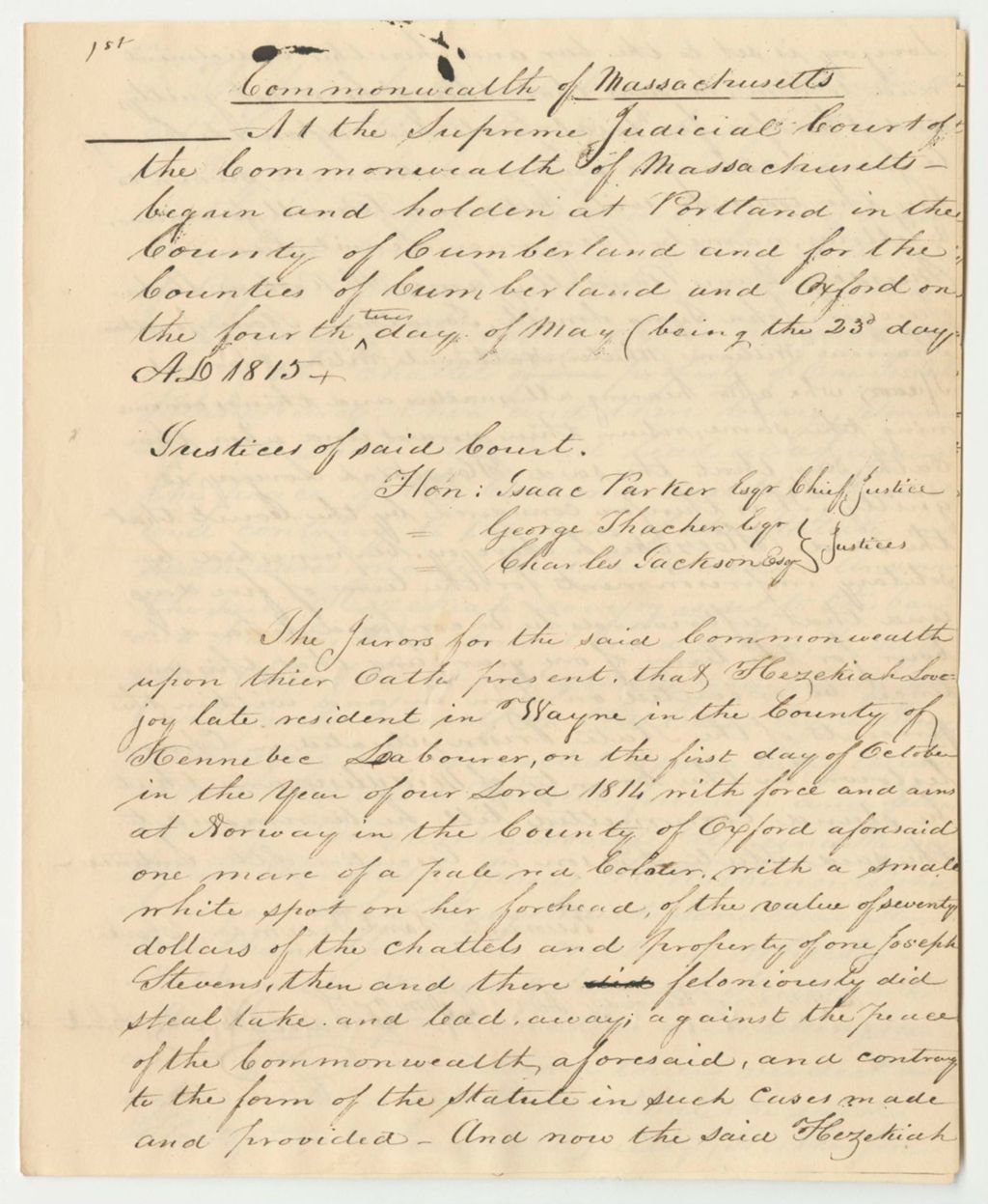 Miniature of Copy of Judgement in State v. Hezekiah Lovejoy, at the Supreme Judicial Court of Massachusetts at Portland for the County of Cumberland