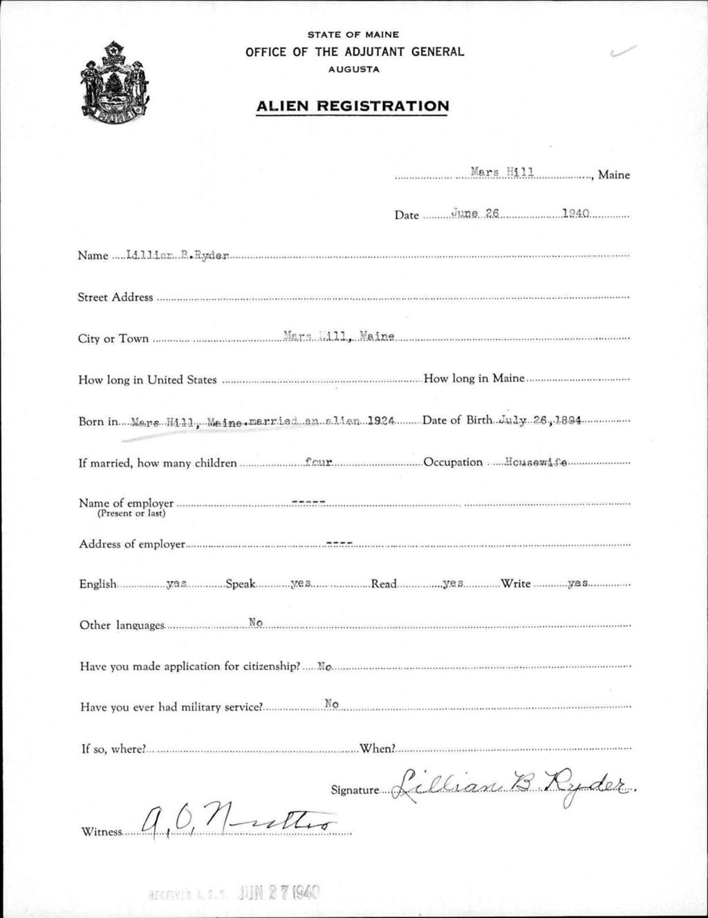 Miniature of Alien Registration- Ryder, Lillian B. (Mars Hill, Aroostook County)