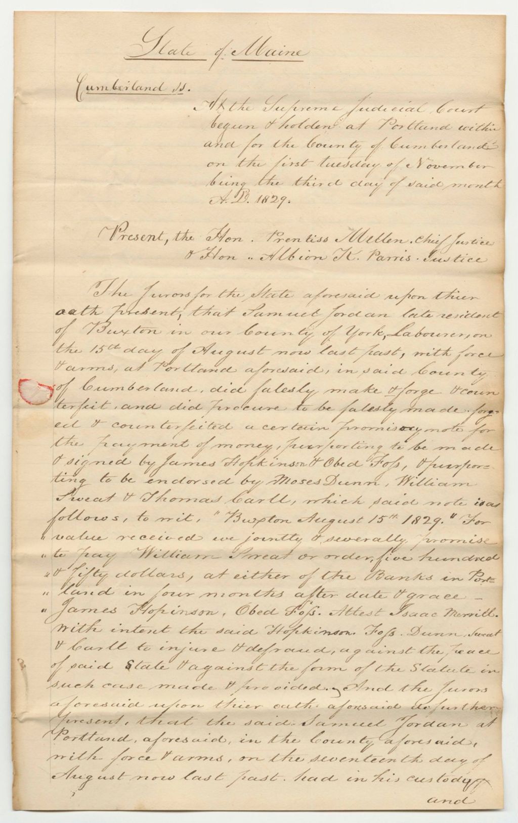 Miniature of Copy of Record of State v. Samuel Jordan at the Supreme Judicial Court of Cumberland County