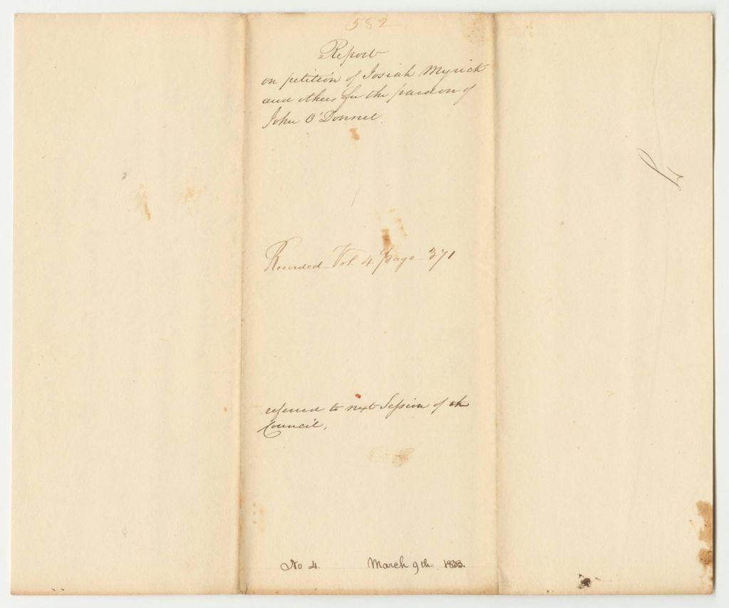 Miniature of Report 582: Report on the Petition of Josiah Myrick and Others for the Pardon of John O'Donnel, Referring It to the Next Council