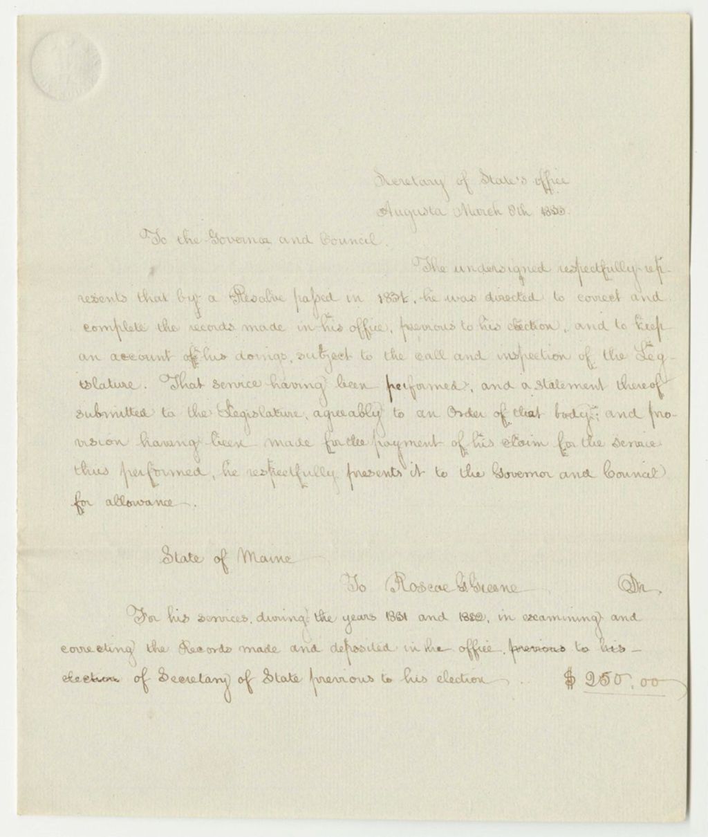 Miniature of Request for a Warrant in Favor of Roscoe G. Greene, Secretary of State