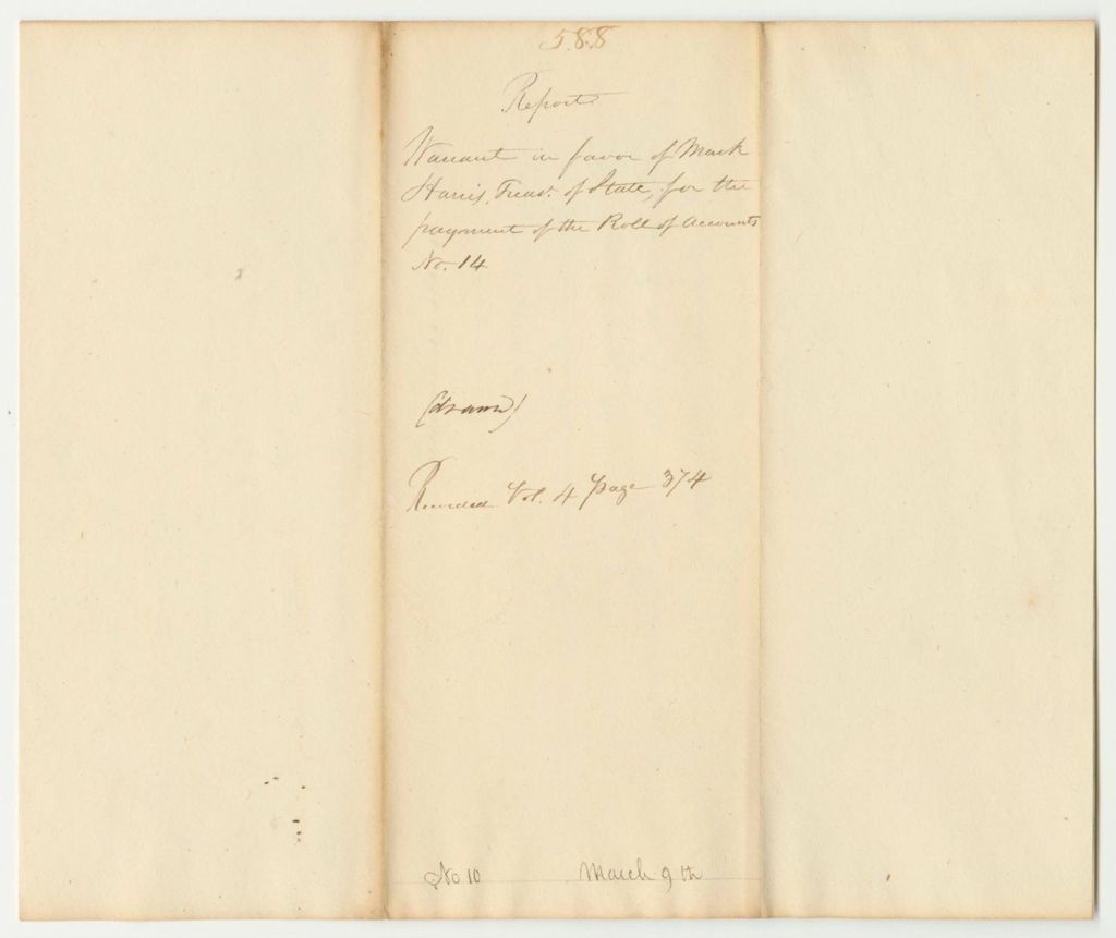 Miniature of Report 588: Warrant in Favor of Mark Harris, State Treasurer, for the Payment of the Roll of Accounts No. 14