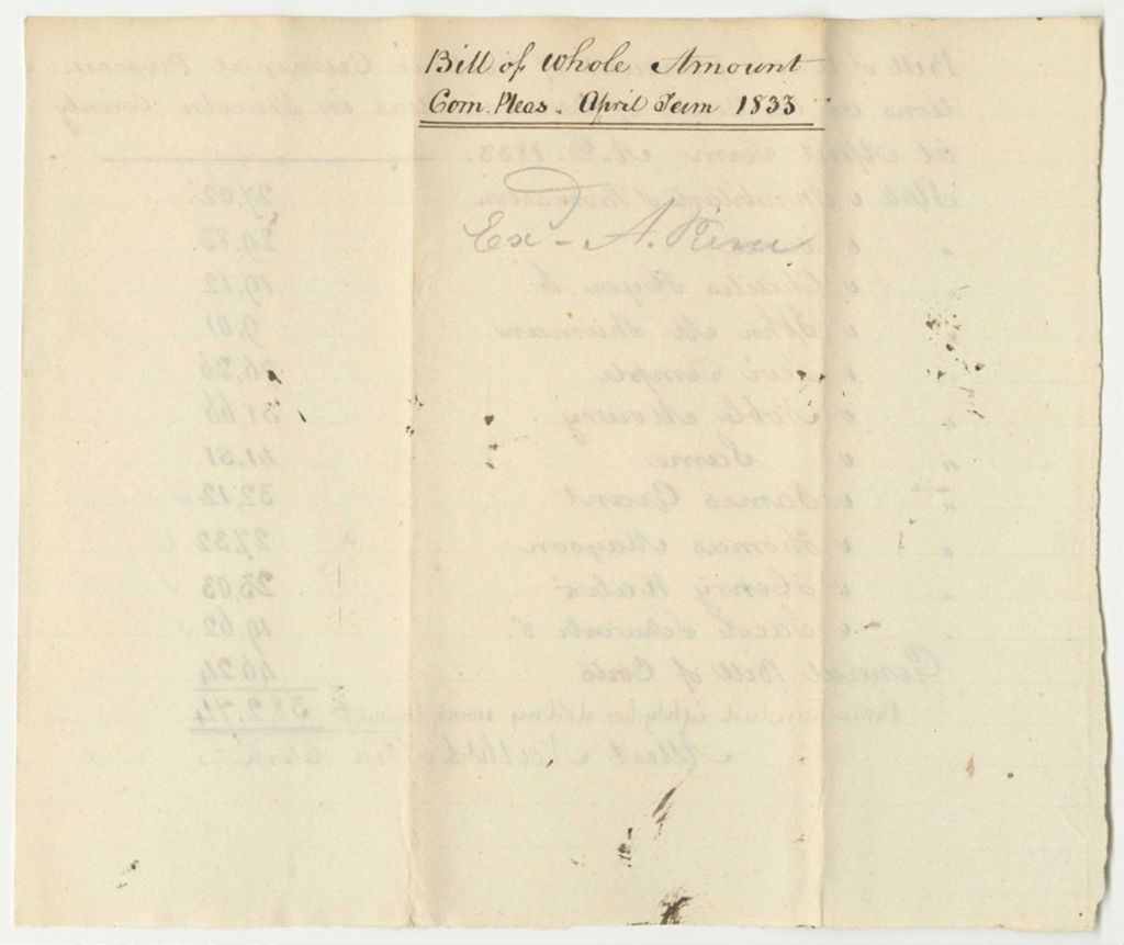 Miniature of Bill of Whole Amount of Costs in Criminal Prosecutions at the Court of Common Pleas in Lincoln County, April Term 1833