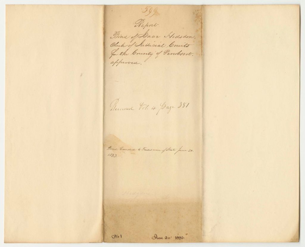 Miniature of Report 599: Report on the Bond of Isaac Hodsdon, Clerk of the Judicial Courts of Penobscot County