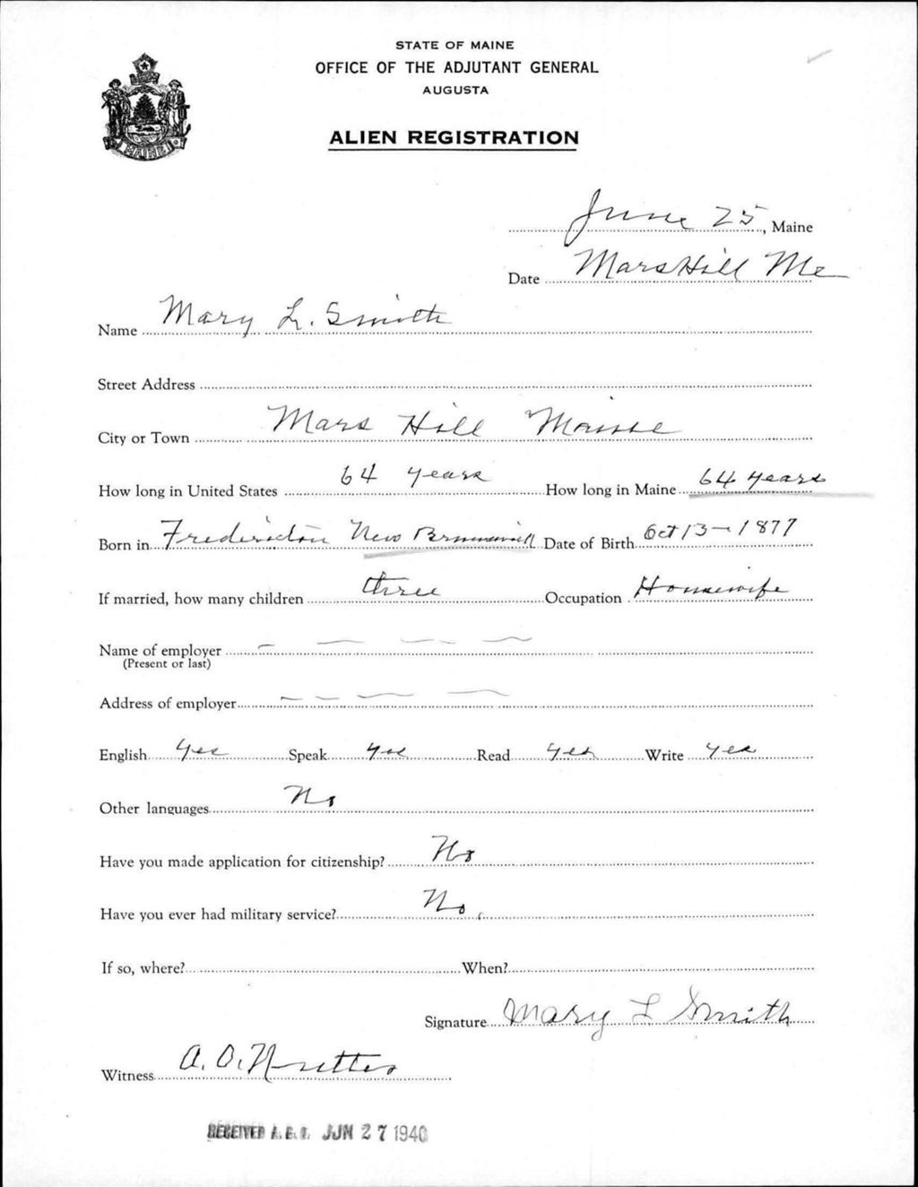Miniature of Alien Registration- Smith, Mary L. (Mars Hill, Aroostook County)