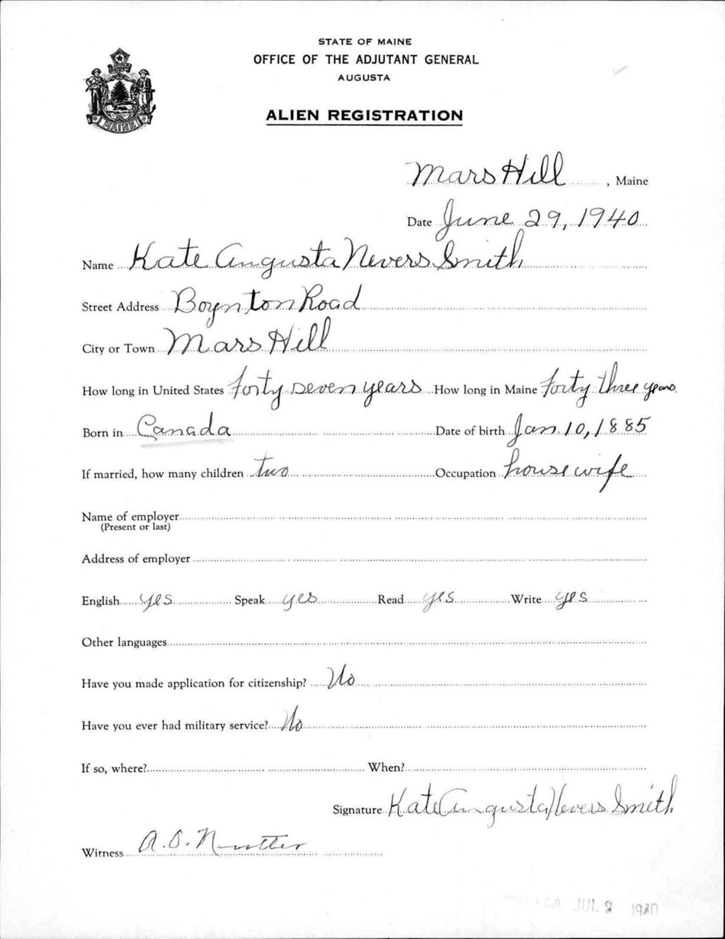 Miniature of Alien Registration- Nevers, Kate A. (Mars Hill, Aroostook County)