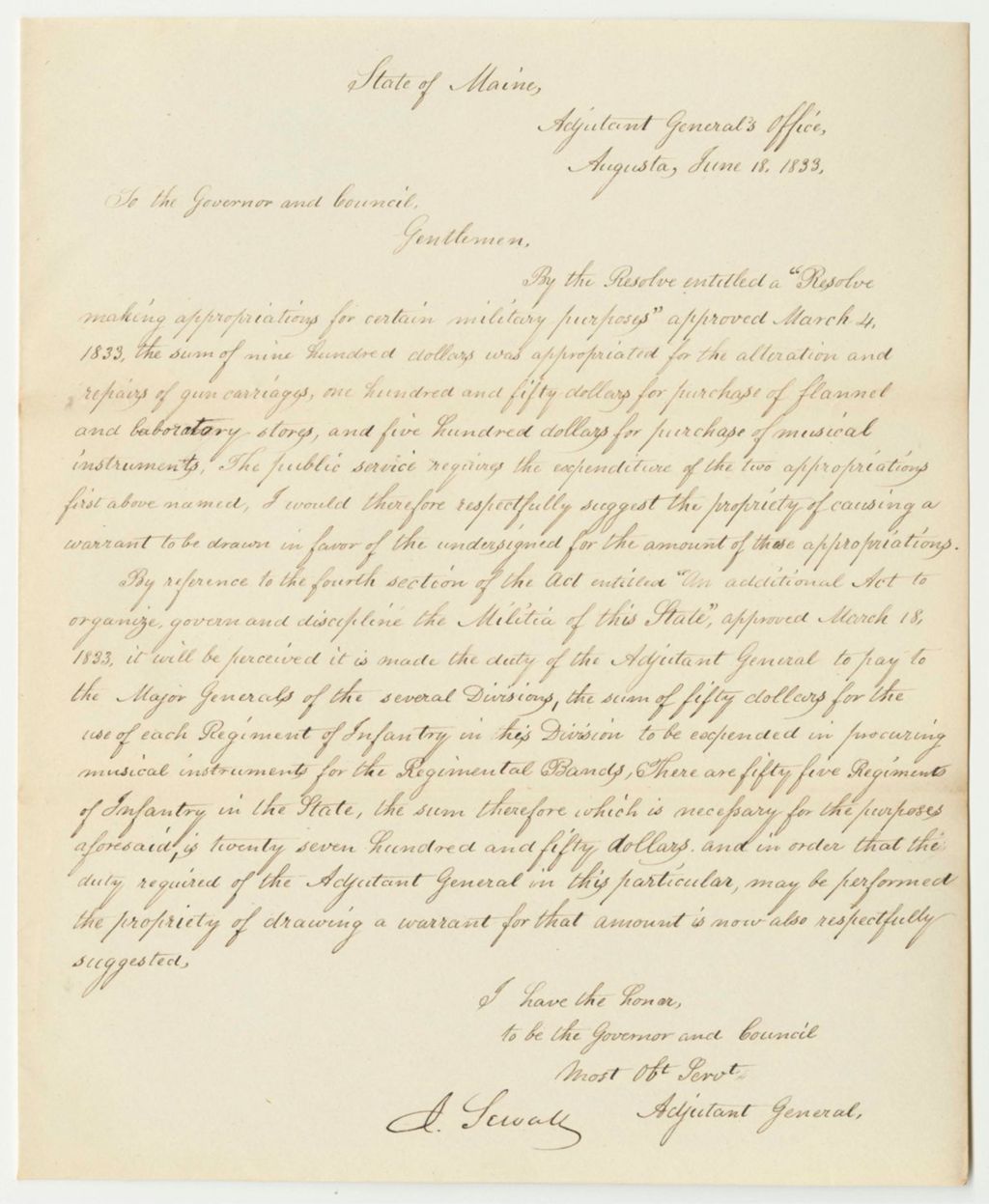 Miniature of Communication from Joseph Sewall, Adjutant General, Regarding a "Resolve Making Appropriations for Certain Military Purposes"