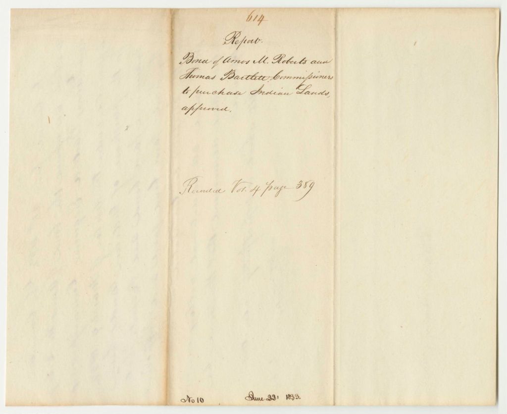 Miniature of Report 614: Report on the Bonds of Amos M. Roberts and Thomas Bartlett, Commissioner to Purchase Indian Loans