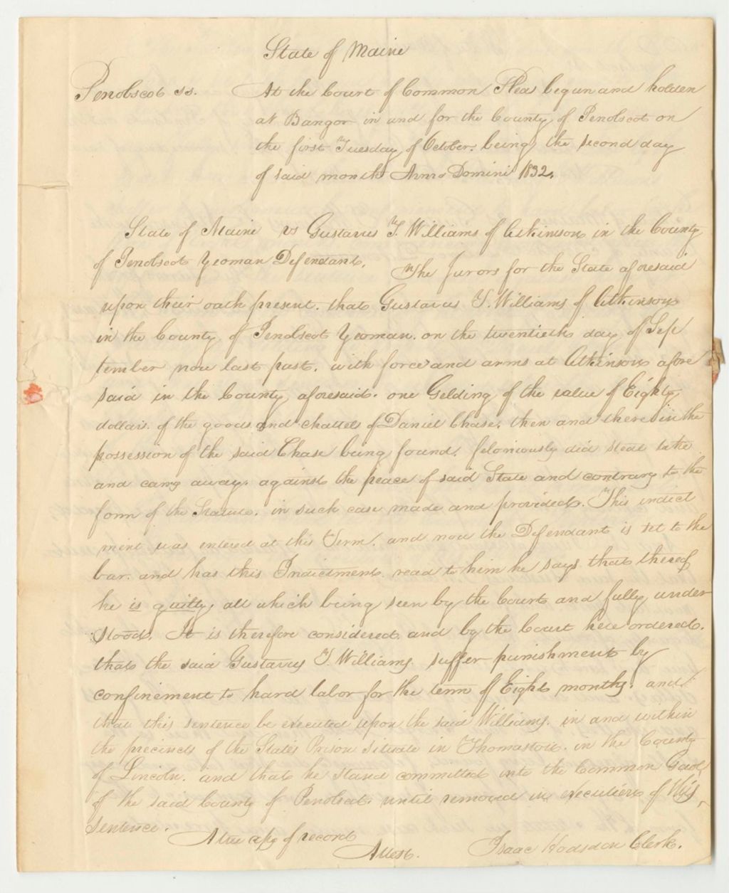 Miniature of Copy of the Judgement and Sentence of Gustavus T. Williams at the Court of Common Pleas in Penobscot
