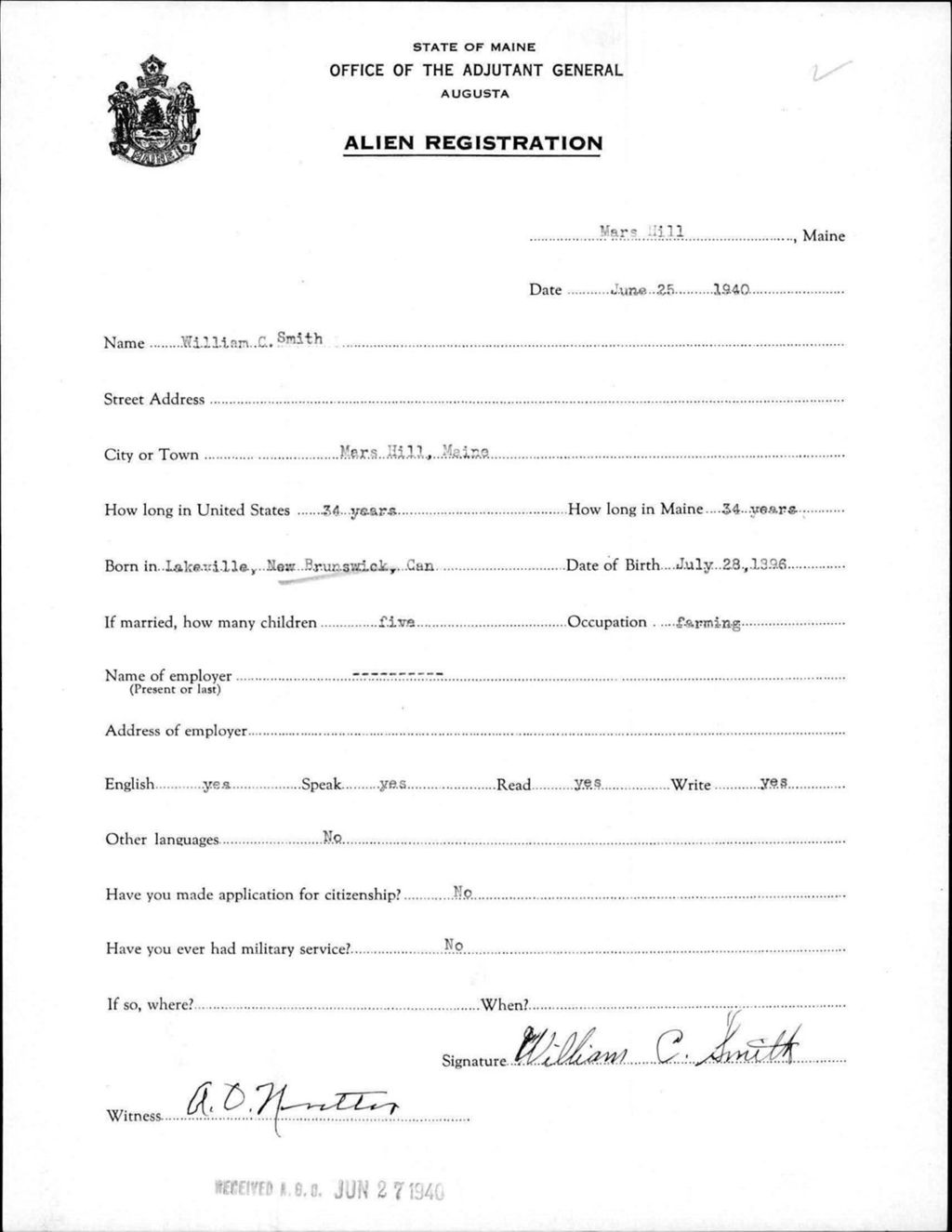 Miniature of Alien Registration- Smith, William C. (Mars Hill, Aroostook County)