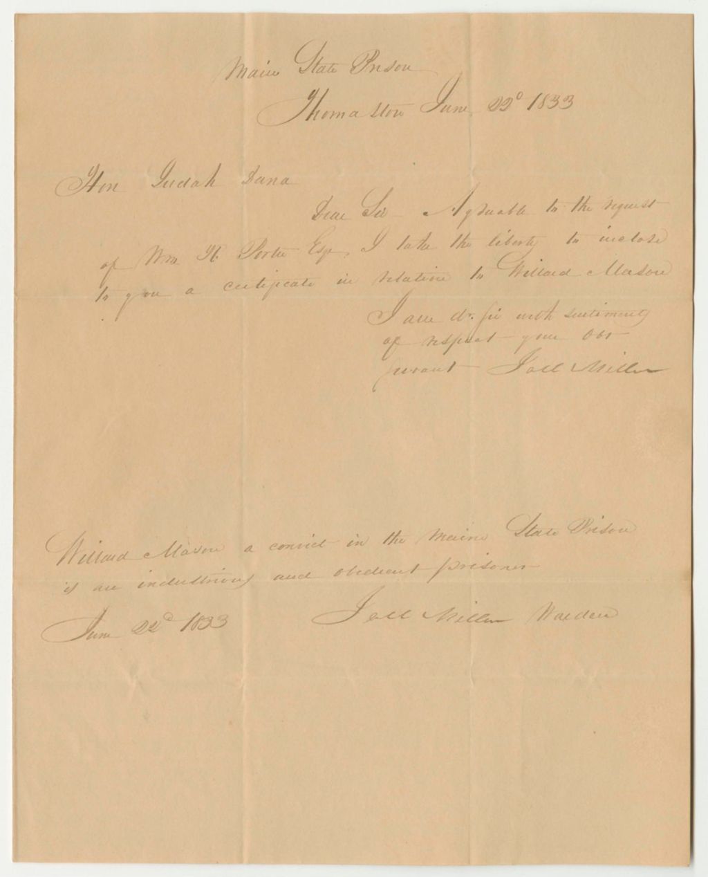 Miniature of Certificate of Joel Miller, Warden of the State's Prison, on the Conduct of Willard Mason in Prison