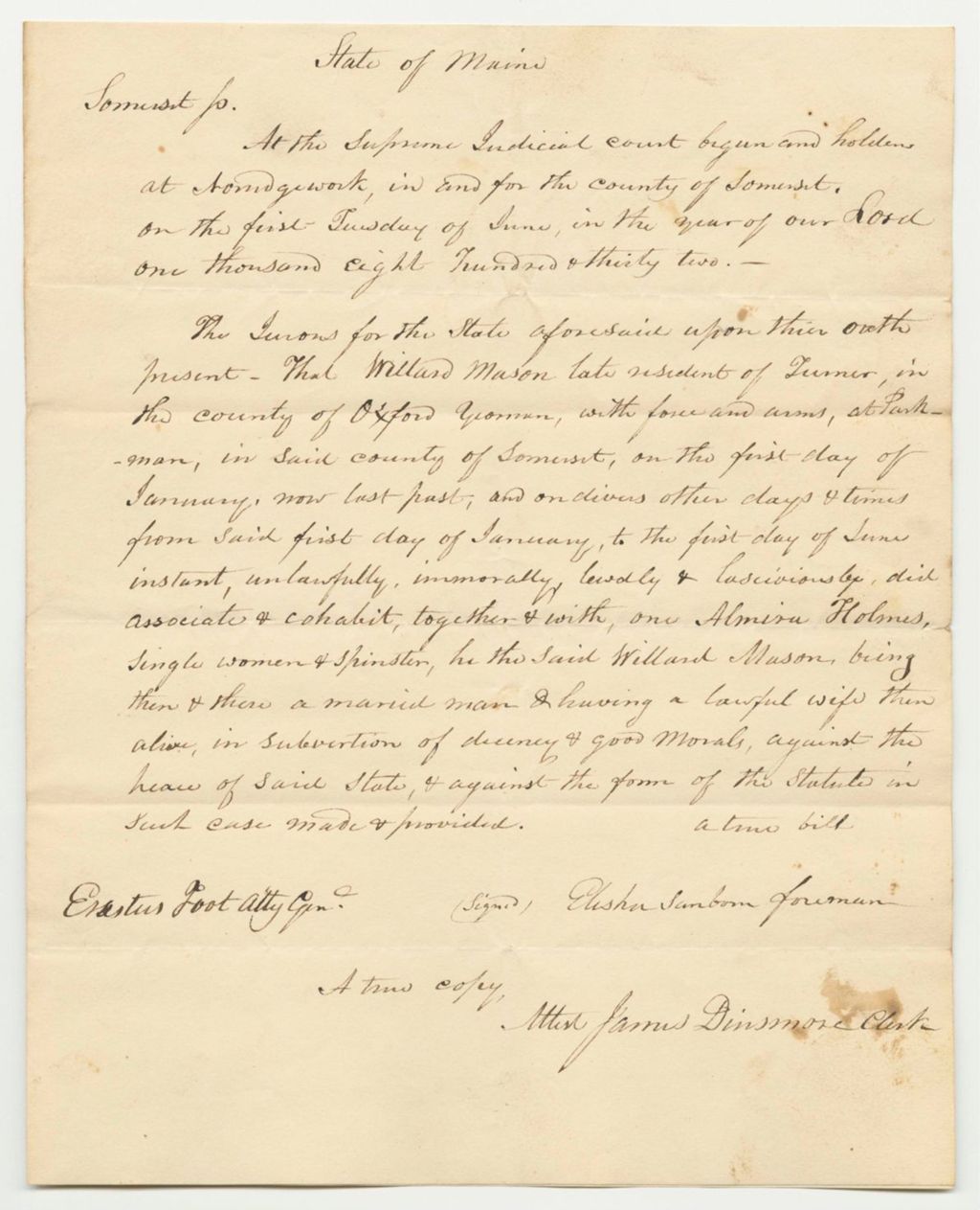Miniature of Copy of the Indictment of Willard Mason at the Supreme Judicial Court of Somerset