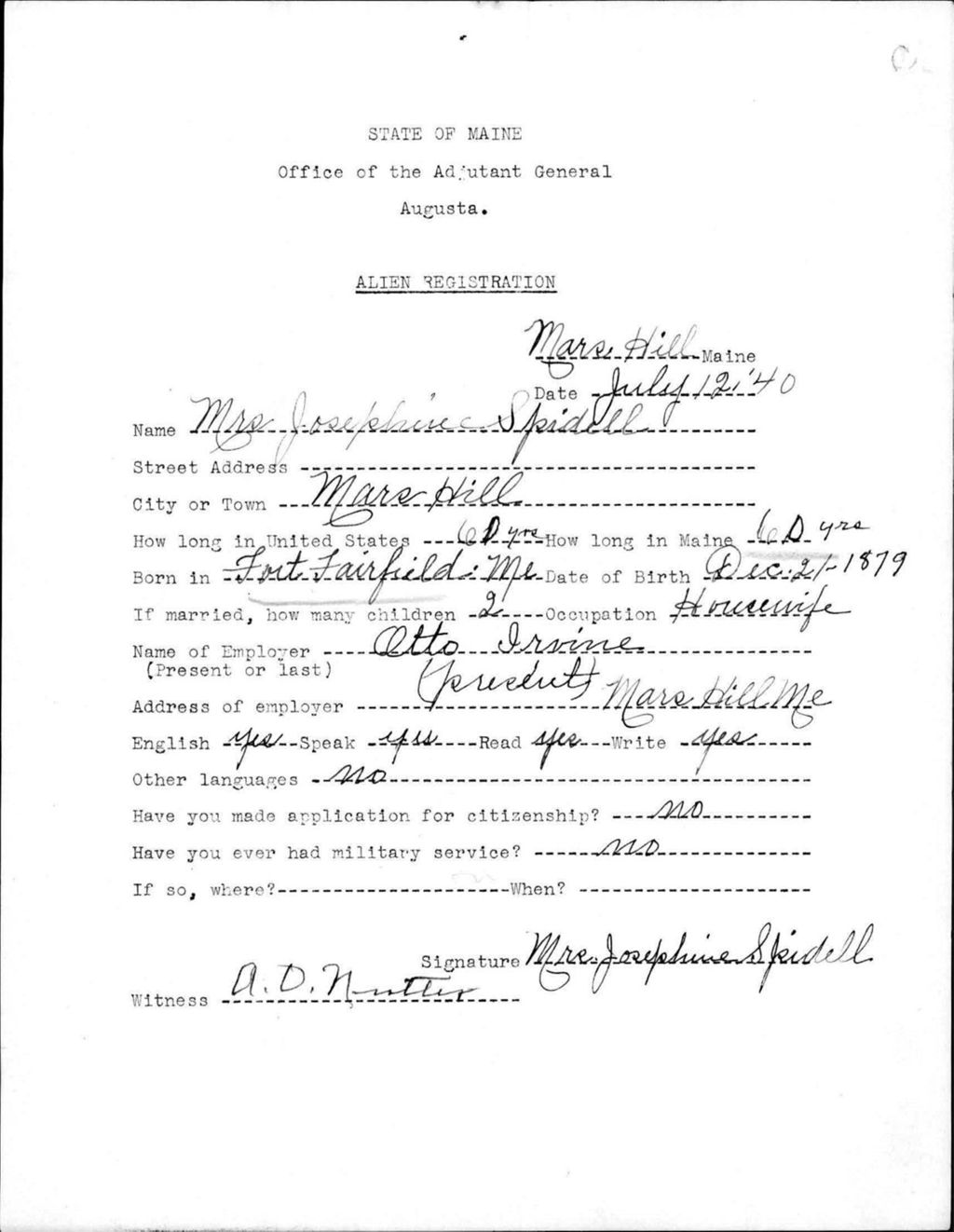 Miniature of Alien Registration- Spidell, Josephine (Mars Hill, Aroostook County)