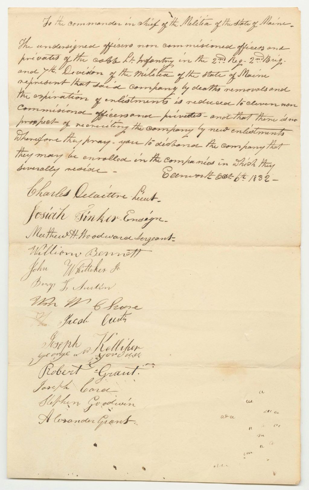 Miniature of Petition of Lt. Charles Delaittre and Others to Disband the Light Infantry Company in Ellsworth