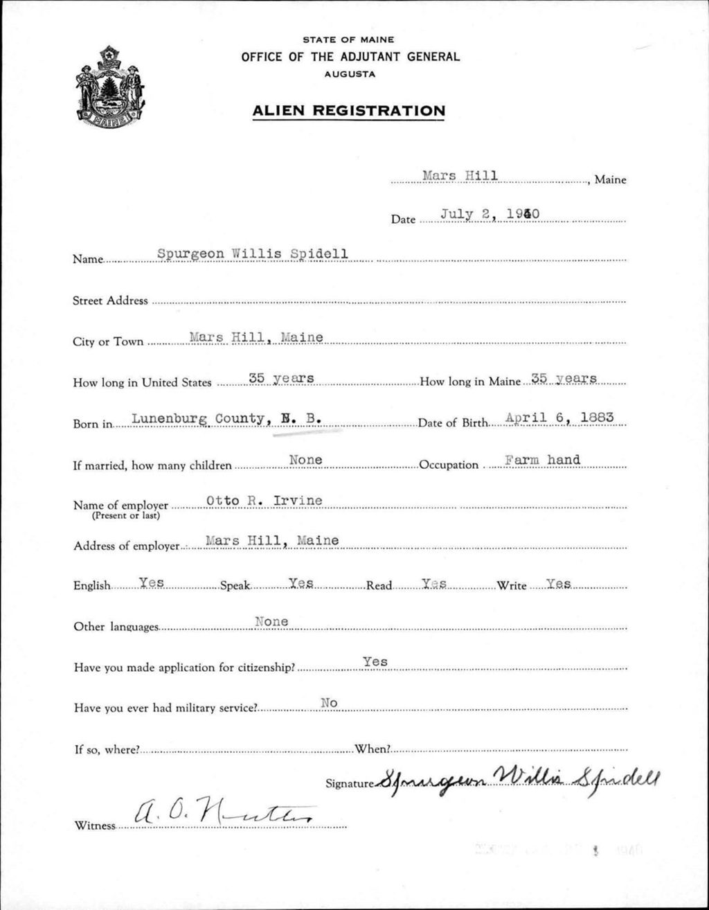 Miniature of Alien Registration- Spidell, Spurgeon W. (Mars Hill, Aroostook County)