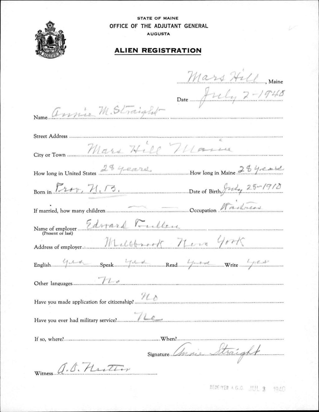Miniature of Alien Registration- Straight, Annie M. (Mars Hill, Aroostook County)