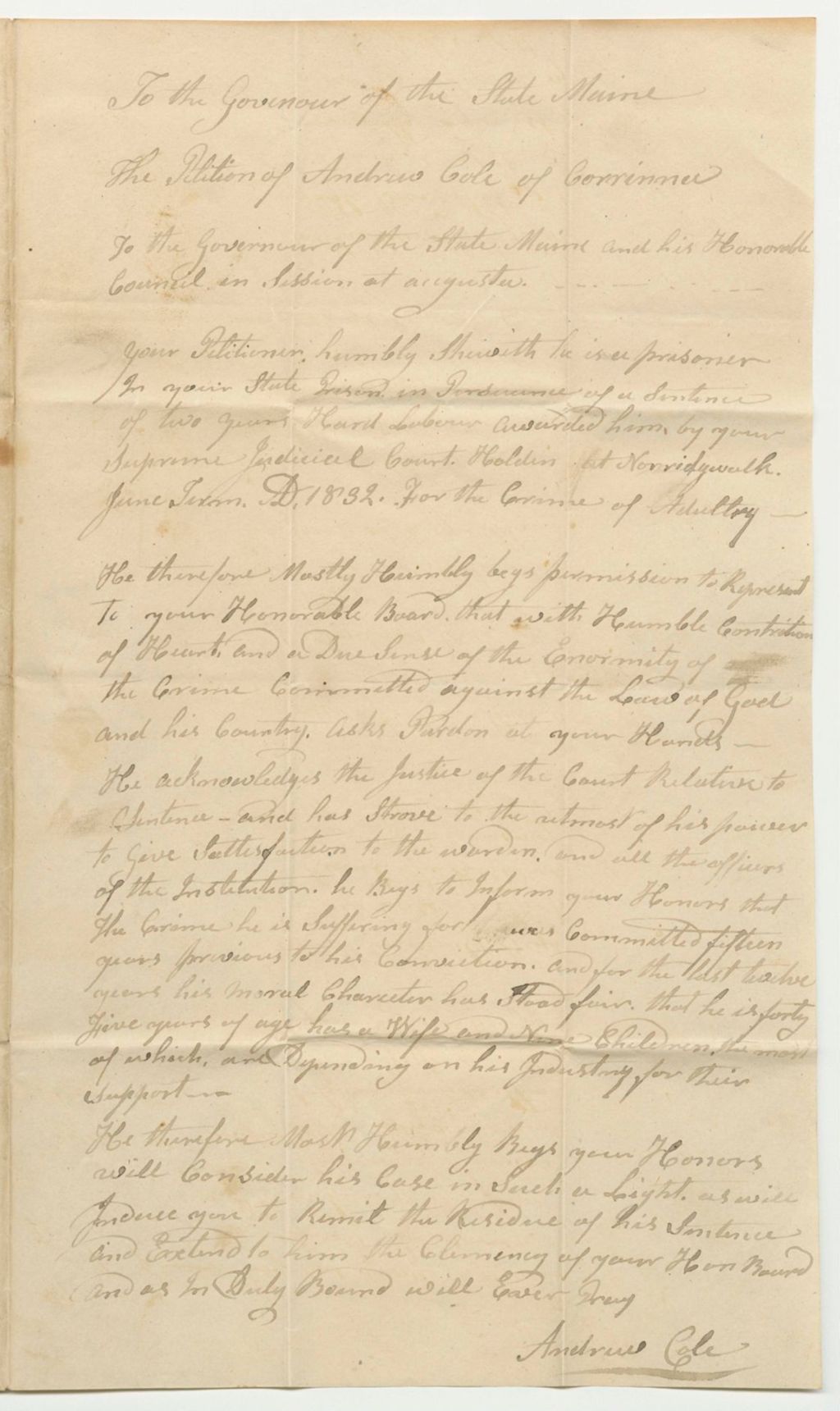 Miniature of Petition of Andrew Cole for a Pardon